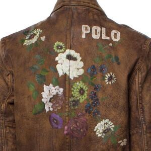 Polo Ralph Lauren Distressed Hand Painted Brown Cow Leather Bomber Jacket